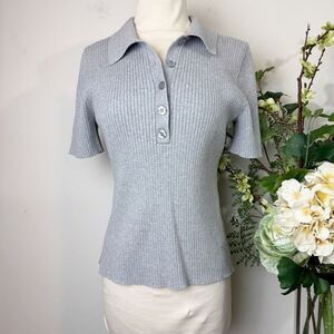 Treasure & Bond Short Sleeve Ribbed Polo Sweater Top Gray | Medium